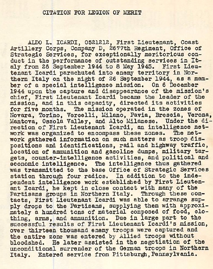 Legion of Merit citation for Aldo Icardi